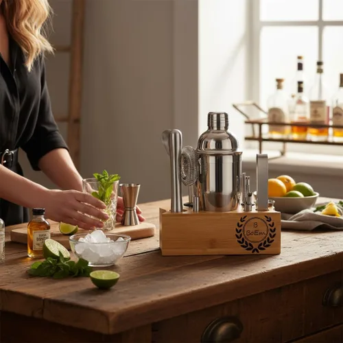 Vista 4 de Kit de barman personalizado con elegante soporte de bambú, juego de coctelera personalizado de 12 piezas de 25 onzas para bebidas mixtas, juego