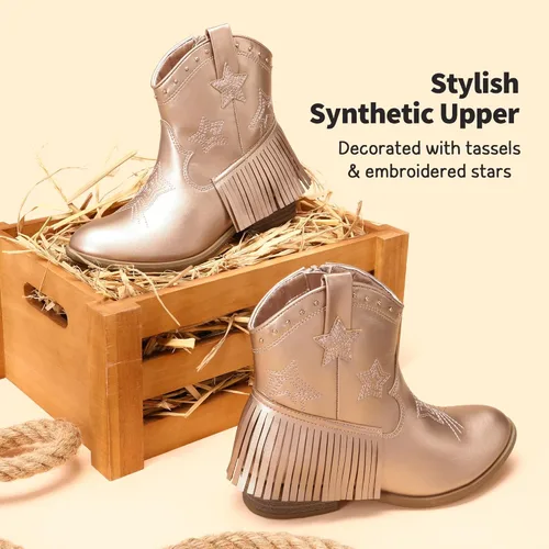 Vista 2 de DREAM PAIRS Botas vaqueras para niñas, estilo vaquero, con cremallera lateral, con borla, para niños pequeños y grandes