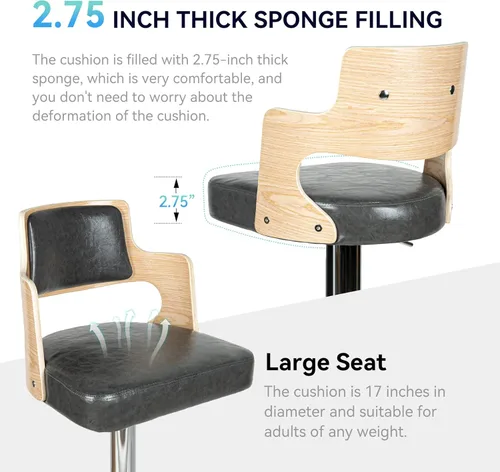 Vista 5 de Miereirl Morden - Juego de 2 taburetes de bar de altura con respaldo de madera, asiento grueso, silla giratoria ajustable para el hogar, cocina