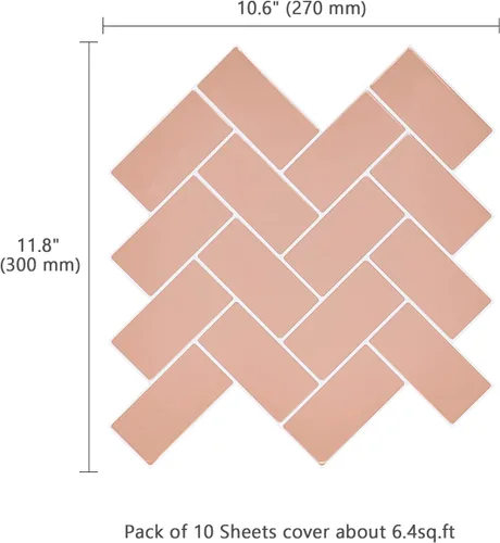 Vista 6 de Azulejo de Espiga Rosa Coral Despegar y Pegar para Salpicadero, Azulejo Autoadhesivo Removible Chevron para Pared para Cocina Baño