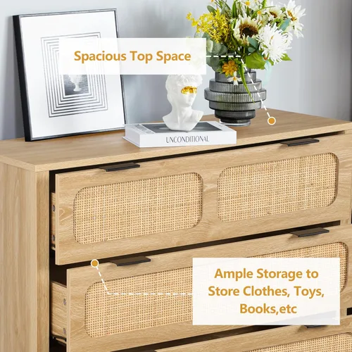 Vista 13 de LEVNARY Cómoda de 5 cajones, cómoda alta de ratán, cómoda de 5 cajones para dormitorio, armario de madera con asas de metal para sala de estar, Negro