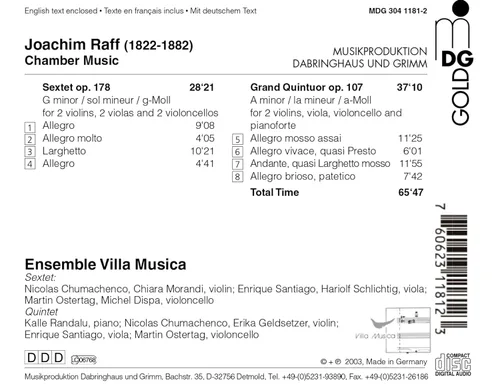 Vista 2 de Joachim Raff Chamber Music Sextet Op 178 Piano Quintet Op 107 Ensemble Villa Musica