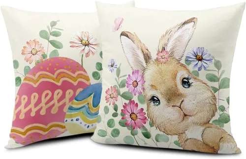 Vista 2 de Juego de 2 fundas de almohada de Pascua de conejo de 18 x 18 pulgadas, fundas de almohada de flores rojas coloridas, fundas de almohada de huevo