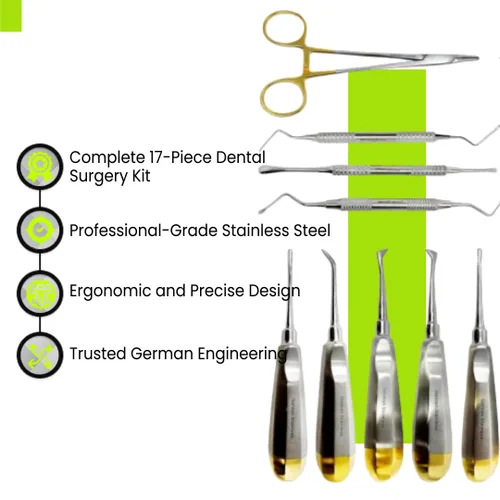 Vista 2 de Juego de instrumentos de cirugía dental alemana genuina (17 piezas) - Kit de elevadores y fórceps de acero inoxidable prémium para extracción