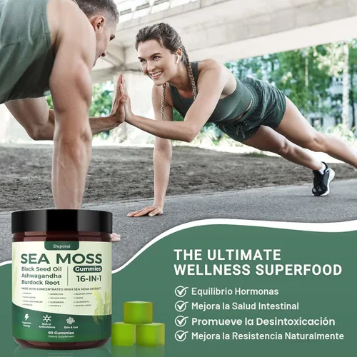 Vista 6 de Gomitas de musgo marino 16-1, aceite de semilla negra, Ashwagandha, cúrcuma, alga vejiga, vitamina C, vitamina D3, saúco, manuka, diente de león