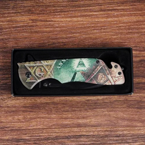 Vista 6 de Cuchillo de bolsillo masónico plegable, cuchillo de bolsillo de hoja de acero inoxidable de 5.00 pulgadas con impresión masónica Mango de acabado