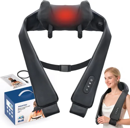 Masajeador inalámbrico de cuello y hombros con calor, tejido profundo Shiatsu para aliviar el dolor, correas mejoradas portátil para viajes en casa,
