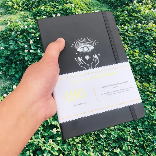 Vista 6 de BUKE Cuaderno de puntos con 180 g/m² de papel de bambú blanco grueso, 160 páginas, cuadrícula de 5 * 5 mm, encuadernación plana, bordes plateados