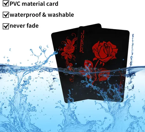 Vista 2 de Joyoldelf - Cartas de juego negras con patrón de rosas, 2 mazos de cartas, cartas de PVC impermeables, mazos de cartas geniales adecuadas