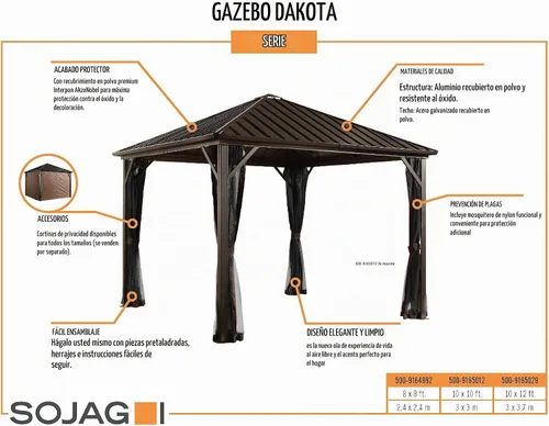 Vista 3 de Sojag Gazebo de techo rígido Dakota para exteriores de 8 x 8 pies