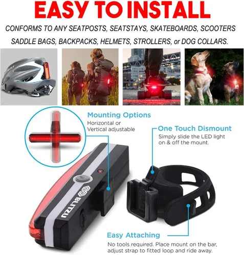Vista 5 de Luz trasera ultrabrillante para bicicleta Blitzu Cyborg 168T UBS recargable Los accesorios LED rojos de alta intensidad se ajustan a cualquier