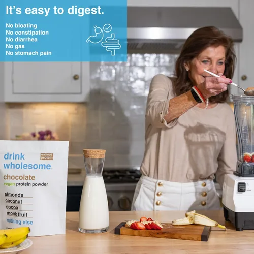 Vista 2 de drink wholesome Proteína vegana de almendras de chocolate en polvo para estómagos sensibles Proteína integral mínimamente procesada Sin