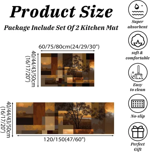 Vista 2 de Kitchen Mats for Floor 2 Piece Set Retro Sunset Forest Non Slip Kitchen Rugs Washable Abstract Geometry Floor Mats Rust Brown Area Rug Runner for