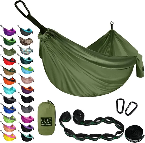 Vista 8 de Gold Armour Hamaca de camping – Hamaca doble XL, hamaca portátil, accesorios de camping, equipo para exteriores e interiores con correas de árbol