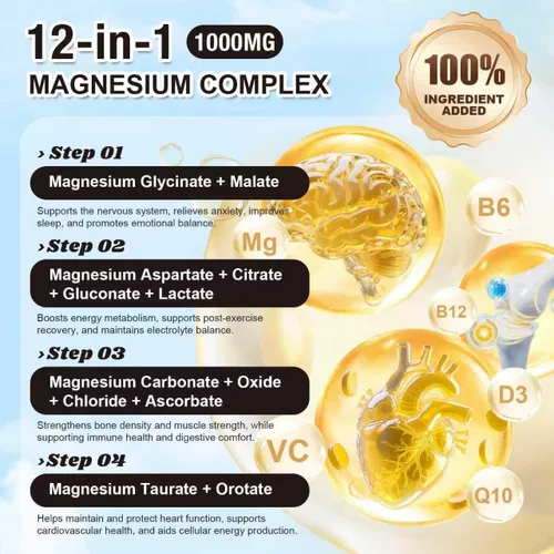 Vista 3 de Complejo de magnesio liposomal 21 en 1 de 1400 mg (citrato, glicinato, malato, etc.) en cápsulas - 12 tipos activos de magnesio con vitamina D3, B6