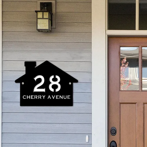 Vista 5 de Letrero de número de casa con forma de casa contemporánea personalizada con números y nombre de calle, placa de forma de casa, placa de dirección