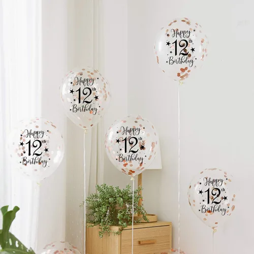 Vista 2 de Globos de látex de confeti de oro rosa con el número 12, decoración de globos para fiesta de cumpleaños de 12 años con confeti, 12 pulgadas, paquete