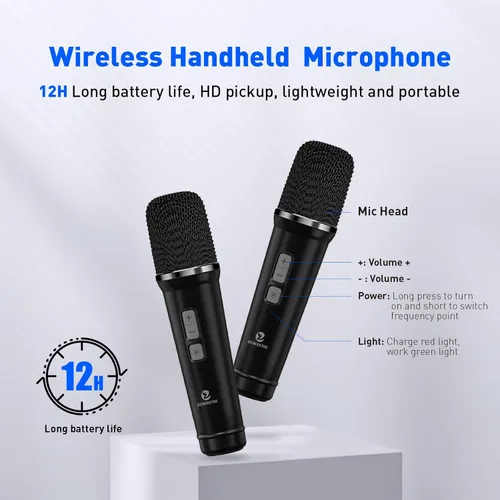 Vista 5 de ZOWEETEK Amplificador de voz de 60 W con 2 micrófonos inalámbricos, altavoz inalámbrico portátil con micrófono, máquina de karaoke, sistema PA