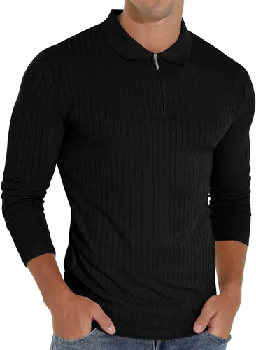 Vista 2 de Askdeer Camisas polo para hombre, con cremallera, clásicas, elásticas, ajustadas, casuales y de trabajo