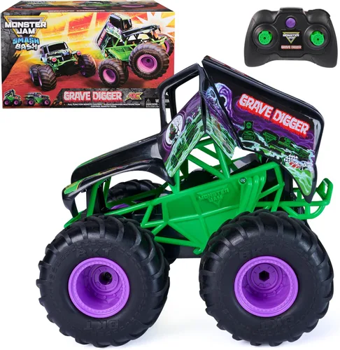 Monster Jam, Vehículo oficial de Smash & Bash Grave Digger con control remoto para interiores y exteriores, camión monstruo reparable a escala 1:15