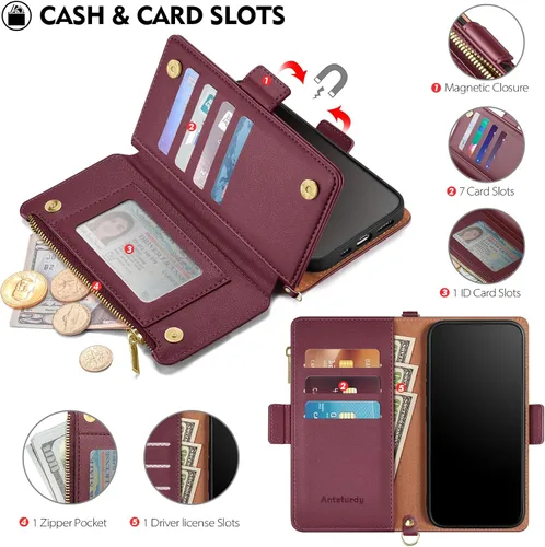 Vista 7 de Antsturdy Compatible con iPhone 15 Pro Max Funda Cartera para Mujeres【Bloqueo RFID】Funda de Teléfono Cruzada de Cuero PU con Cremallera y Correa