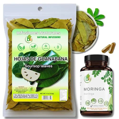 Guanábana Hoja Seca Té (té de hojas de guanábana seca) Combo, bolsa de 4 onzas + Moringa 90 cápsulas orgánicas, 1500 mg por porción – 100% natural,