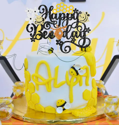 Vista 7 de Gyufise Decoración para pastel de feliz día de abeja, flor de panal con purpurina de abejorro, decoración de pastel de cumpleaños para temática