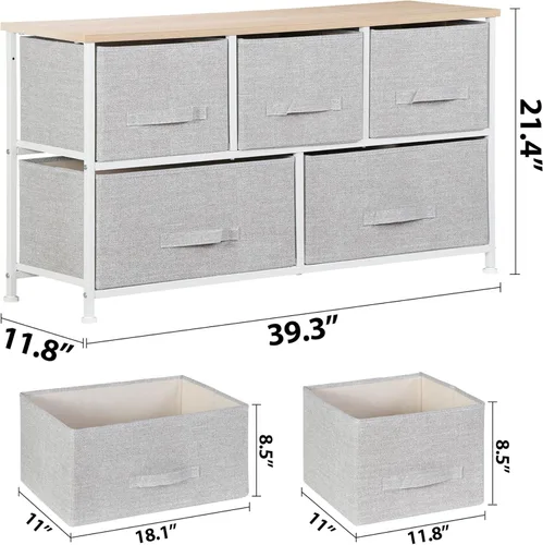 Vista 21 de Cómoda de tela con 5 cajones para almacenamiento, baúl de tela con cesta profunda, marco de acero resistente y parte superior de madera, Gris claro