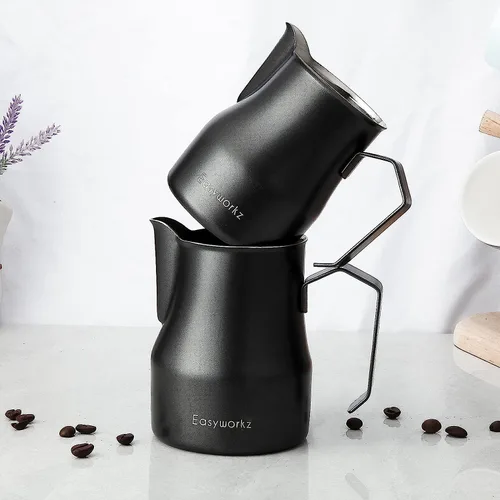 Vista 3 de Easyworkz Jarra de café expreso de acero inoxidable de 12 onzas, con cuchara de café Easyworkz Retro de acero inoxidable con mango de nogal negro