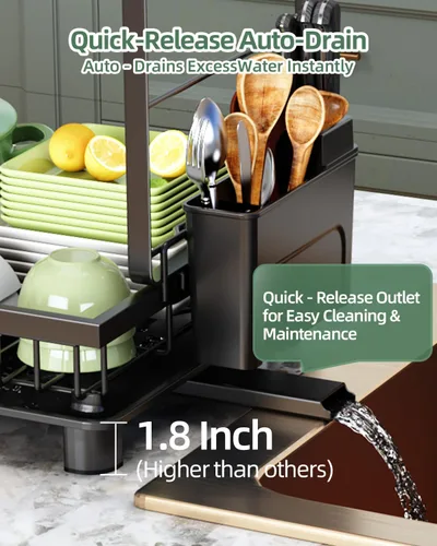 Vista 5 de Escurridor de platos, escurridor de 2 niveles que ahorra espacio, escurridor de platos multifuncional para encimera de cocina con bandeja