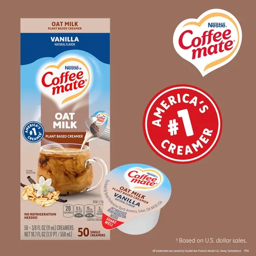 Vista 3 de Nestle Coffee Mate - Crema líquida para café a base de plantas, leche de avena con sabor a vainilla, caja de 50 unidades (paquete de 2)