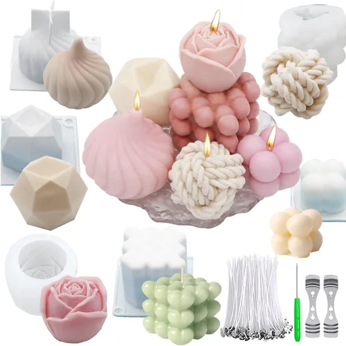 EuTengHao Juego de moldes de vela de silicona para hacer velas con mechas de vela, molde de silicona 3D para cera de soja, jabón, pasteles, postres,