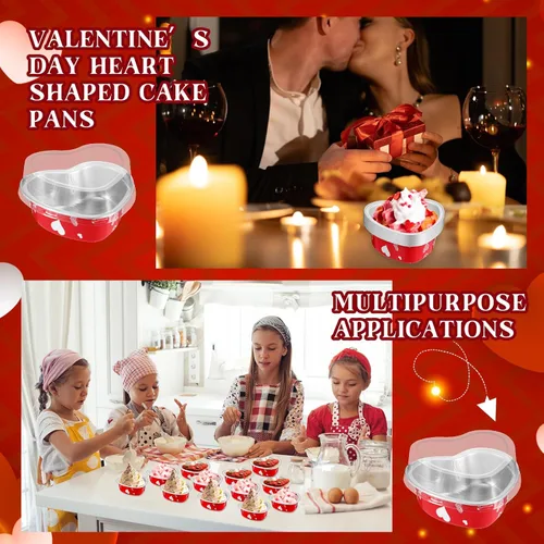Vista 6 de Domensi Juego de 100 moldes de papel de aluminio en forma de corazón, mini tazas para cupcakes con tapas, molde para flan, desechables, para el día