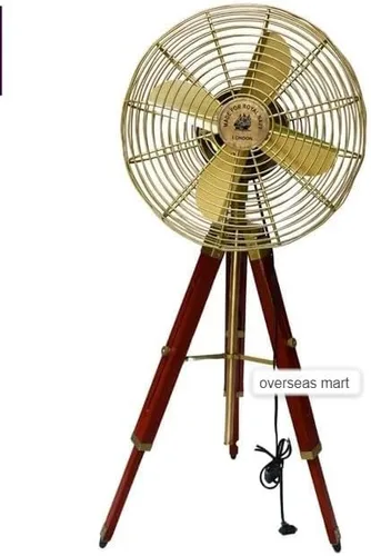 Vista 7 de Ventilador eléctrico con cable hecho a mano de latón antiguo estilo vintage con soporte de trípode ajustable de madera, diseño retro, coleccionable