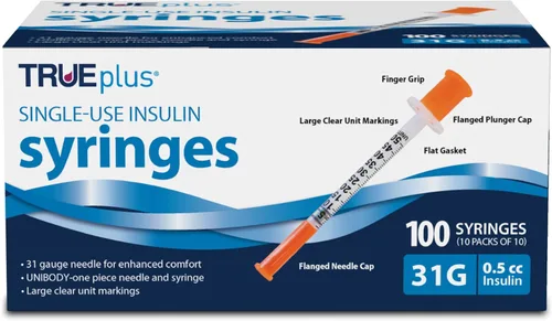 Vista 8 de TRUEplus Jeringas de insulina de un solo uso, 29G 1.0cc 1/2 pulgada de longitud de la aguja, 100 unidades (10 paquetes de 10)