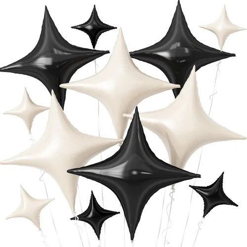 Vista 20 de Globos de Estrella Negra, 12 Piezas Globos de Papel de Aluminio de Estrella de Cuatro Ángulos, 26 Pulgadas y 10 Pulgadas Globo de Película de Negro