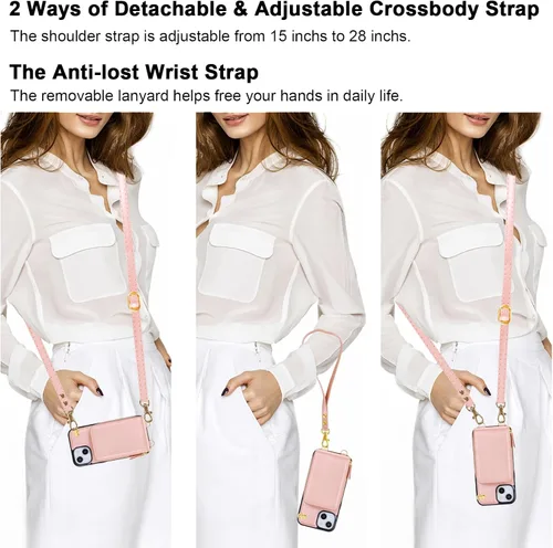 Vista 2 de KIHUWEY Funda tipo cartera cruzada para iPhone 13, iPhone 14, funda con bolsillo con cremallera y soporte para tarjetas, funda protectora de piel