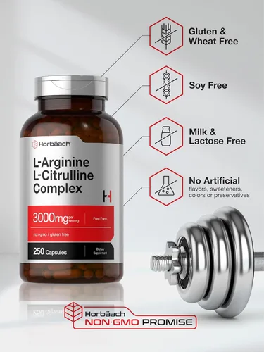 Vista 4 de Horbäach L-Arginina L-Citrulina Complejo 3000mg 250 Cápsulas Suplemento sin OMG, sin gluten