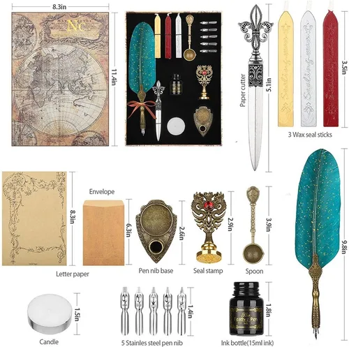 Vista 2 de NC Juego de tinta para caligrafía de plumas, incluye bolígrafo de inmersión de plumas, tinta, 5 puntas de repuesto, 3 varillas de sello de cera