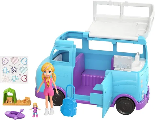 Polly Pocket Furgoneta Glamping con doble campamento para muñeca Polly de 3 pulgadas y muñeca Micro Polly; la camioneta se abre a la sala de estar y