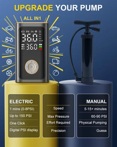 Vista 8 de Tire Inflator Portable Air Compressor - 150 PSI Portable Air Pump for Car Tires, Cordless Electric Bike Tire Pump with Digital Pressure Gauge, LED
