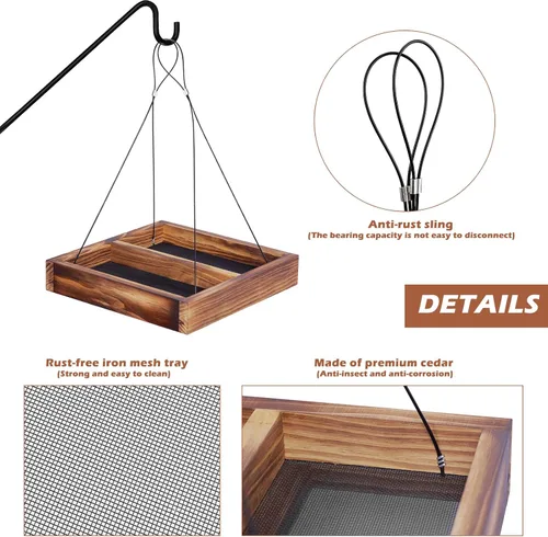 Vista 3 de MIXXIDEA Bandeja colgante para comedero de pájaros, plataforma de madera para colibríes, plataforma de malla para semillas para jardín, patio, Marrón
