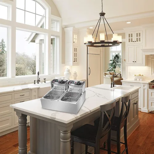 Vista 7 de Freidora comercial con canasta, 3400 W, freidora eléctrica de acero inoxidable para encimera, 12.7 cuartos de galón 12 L, gran capacidad para uso