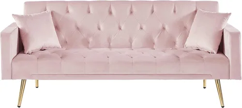 Vista 4 de Sofá sofá futón con respaldo ajustable, sofá biplaza de terciopelo con patas de metal para sala de estar, dormitorio, espacio pequeño (rosa)