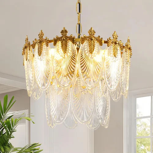 Antique Chandeliers 2-Layer Gold Crystal Glass Chandelier, 4-Light Round Pendant Light 17.7" Brushed Brass Adjustable Height, Applicable to Dining