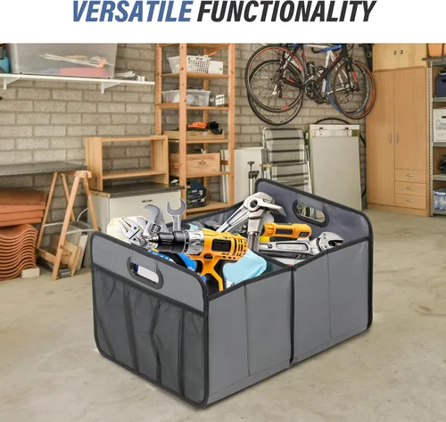 Vista 8 de Simple Deluxe Organizador de maletero de automóvil, 2 compartimentos, almacenamiento plegable para maletero, diseño antideslizante, hecho