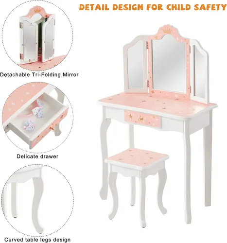 Vista 4 de Nromant Juego de mesa y silla para niños, juego de tocador para niñas con taburete, espejo de tres pliegues, mesa de princesa de maquillaje con Rosa