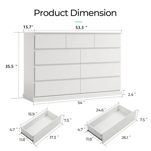 Vista 31 de LINSY HOME Cómoda de 8 cajones para dormitorio, cómoda de 53 pulgadas de ancho, modernos cajones de madera de granja con almacenamiento, organizador