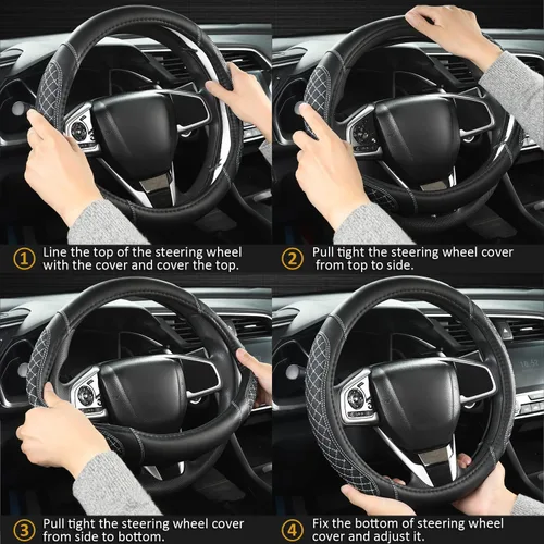 Vista 5 de West Llama Funda personalizada para volante de automóvil para Honda Civic, CR-Z, Insight, S2000, 14" - 14.25" (Negro-Tamaño Pequeño)