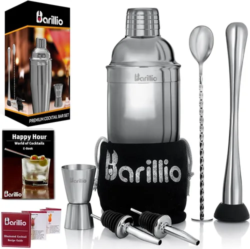 Vista 8 de Kit de Barman de Mixología Barillio Negro - Juego de 8 piezas de coctelera de viaje de acero inoxidable con bolsa - Herramientas de bar